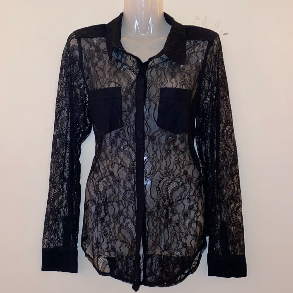 GUESS Black Lace Button-down Blouse